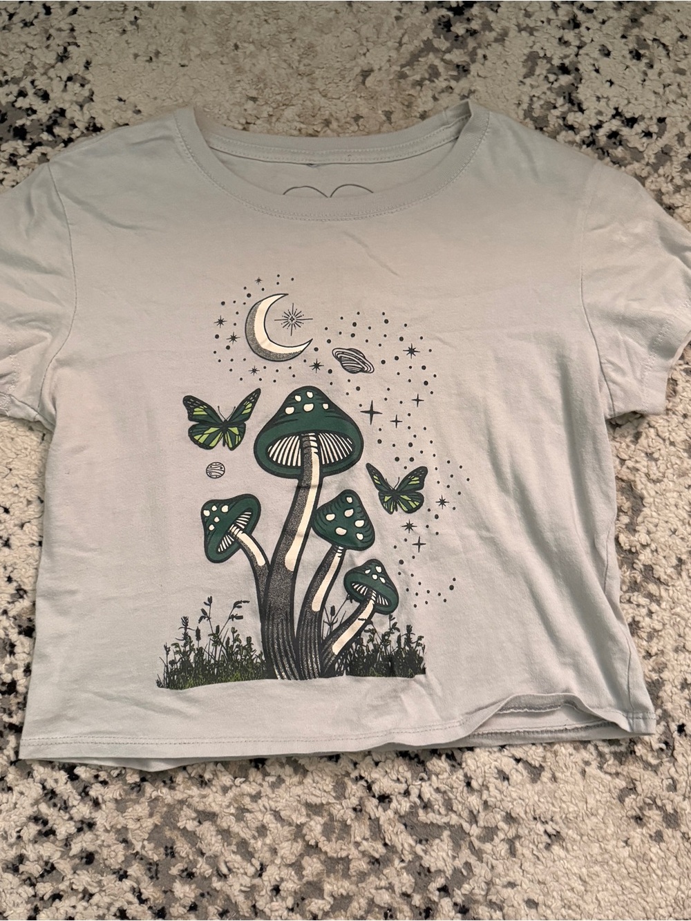 Women's Light Gray Crop Tee with Green Mushroom & Butterfly Graphic